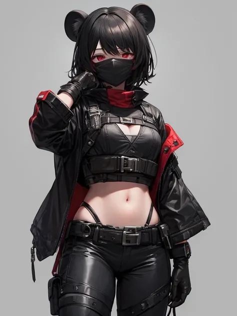 1 girl, black hair, technological black mask with red lenses that covers your entire face, black jacket ,  black pants ,  black knuckle-free gloves ,black boots,"black koala waist bag".