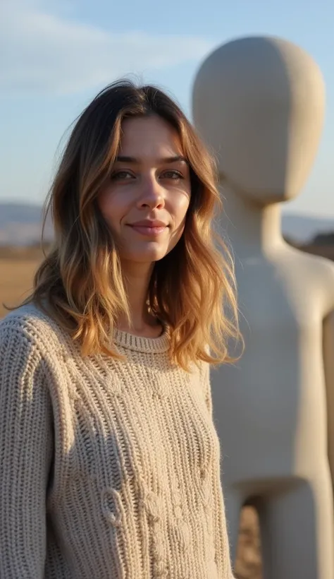 A 37-year-old woman standing near a modern sculpture, wearing a knitted sweater.