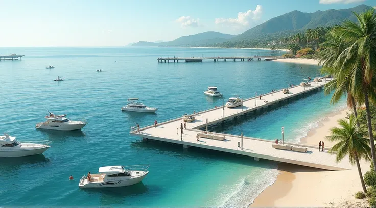 modern E-shaped pier located on the beach adds people and boats