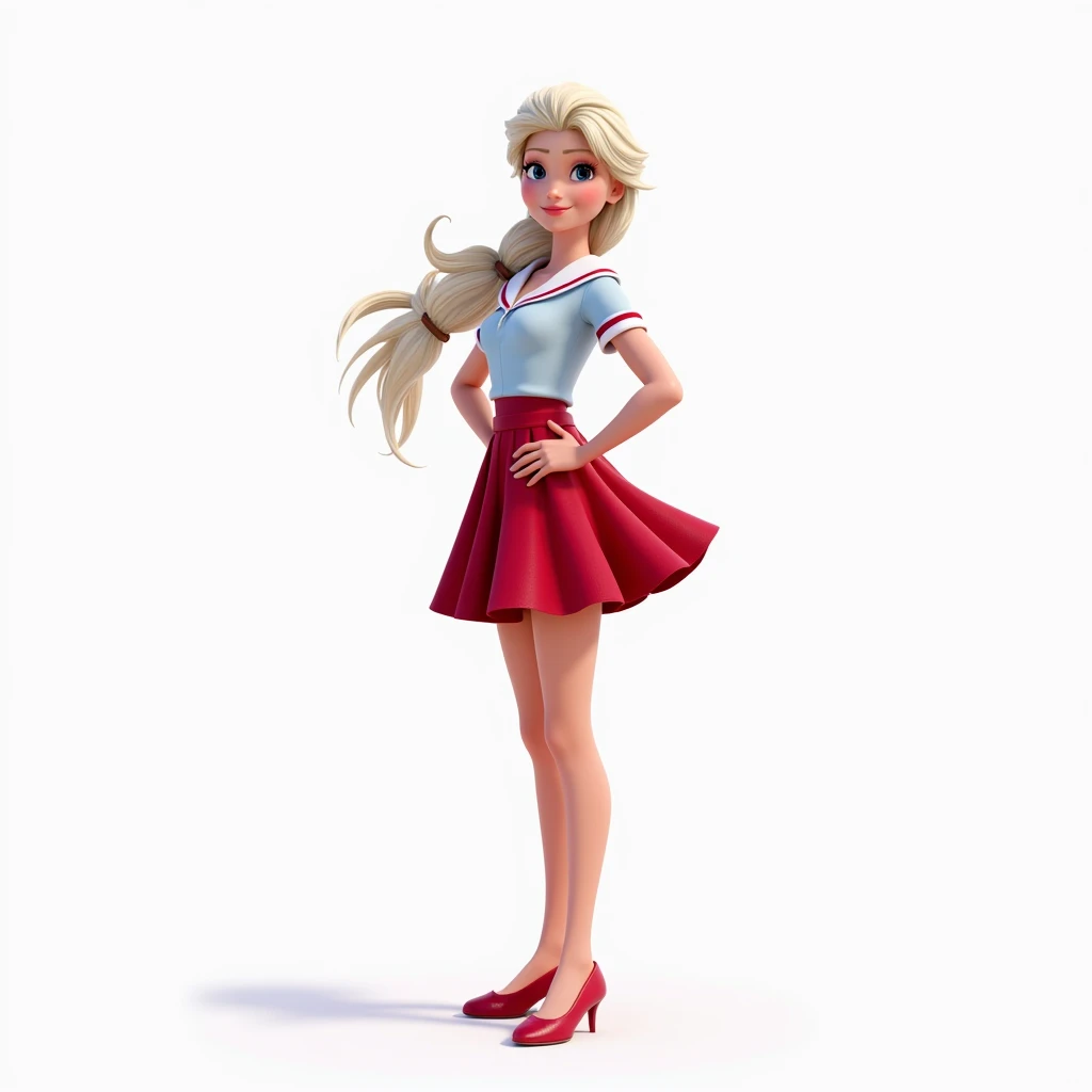 Disney Princess Elsa (full body, tall, long legs), wearing a red schoolgirl short skirt (in T-pose). White background. 3D animation. Disney Pixar style