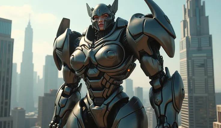 A beautiful latina woman with long hair big breasts transforms into a huge transformer robot sits on top of a tall building