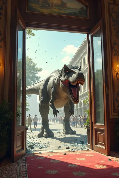  escaped from the museum and jumped outside and barked。People and cars are running away from the Tyrannosaurus 。The entrance to the museum and the sky are visible 。A scene looking at the museum from outside

The glass is broken and scattered。
「 the giant d...