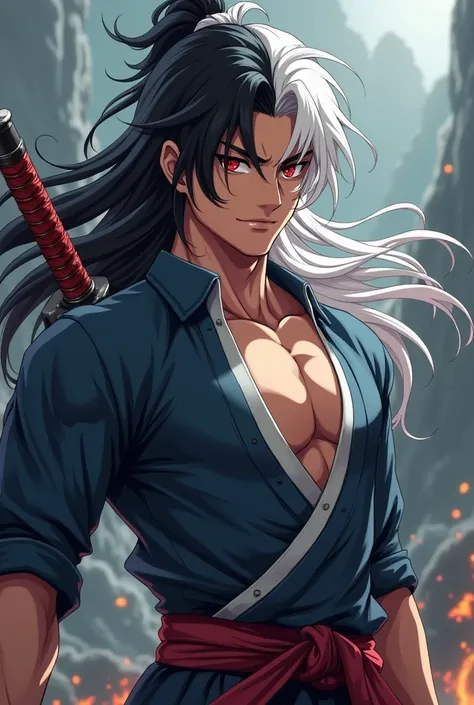 3d art anime pose from side handsome young man with long hair color half black half white wearing samurai shirt. Carrying a sword of war background