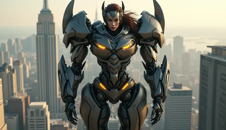 A beautiful latina woman with long hair big breasts transforms into a huge transformer robot sits on top of a tall building