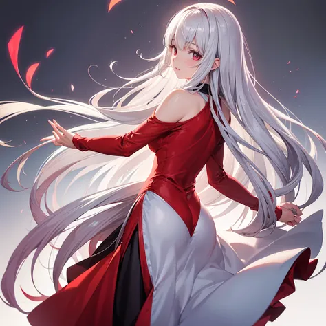 "A 30s woman with silky silver hair cascading down her back, her face bright red with embarrassment, standing still with her arms relaxed naturally, placed on a white background."

