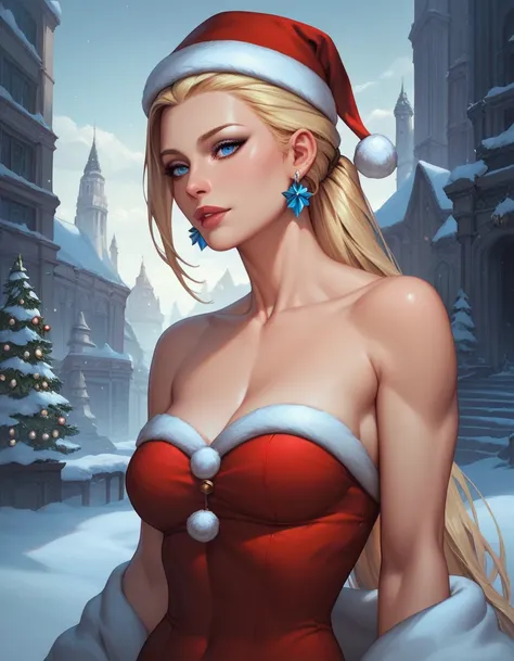 female black sleveless turteneck, bare shoulders, bare toned arms, beautiful faces, blonde ponytail with showing forehead, long ponytail, earrings, soft smooth skin, pale skin, snow city background, blue eyes, sci-fi, christmas, wearing santa hat