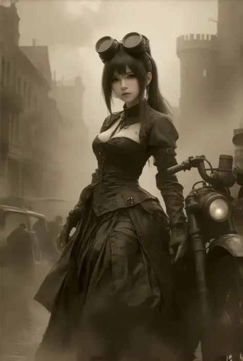 (:1.2), (steampunk style, Sepia nostalgic painting style:1.3)、(((masterpiece)))、((highest quality))、(super detailed)、(CG illustration)、(so beautiful ))、cinematic light、(((one young lady in steampunk style gear equiped dress, final fantasy VII Tifa))), (hea...