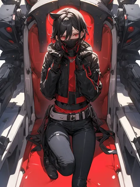 1 girl, black hair, technological black mask with red lenses that covers your entire face, black jacket ,  black pants ,  black knuckle-free gloves ,black boots,"black koala waist bag".