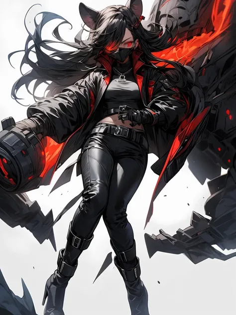 1 girl, black hair, technological black mask with red lenses that covers your entire face, black jacket ,  black pants ,  black knuckle-free gloves ,black boots,"black koala waist bag".