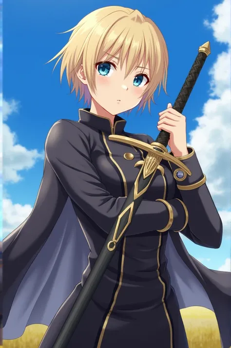  top quality,  Highest Masterpiece,  highest resolution， (Saber_Fate), （battlefield_background），Azure Eyes， short hair ， Woman Holding a Sword，armor， Anime Style, （4K）, Alone， ((whole body)) ，  looking at camera,  hyper detail , ( intricate details ),