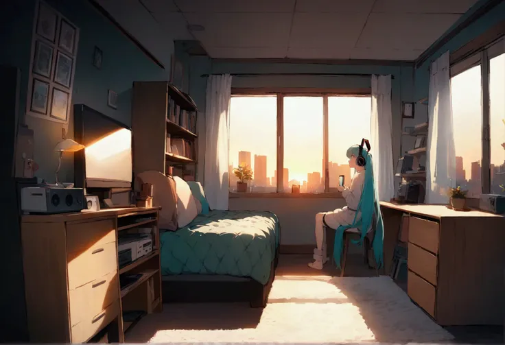 ((Best Quality)), (masterpiece), wide-angle view of a cozy, bright room during golden hour. Hatsune Miku sits by the window, wearing headphones, with teal twin tails and a serene expression. Warm sunlight streams through the window, casting a soft glow ove...