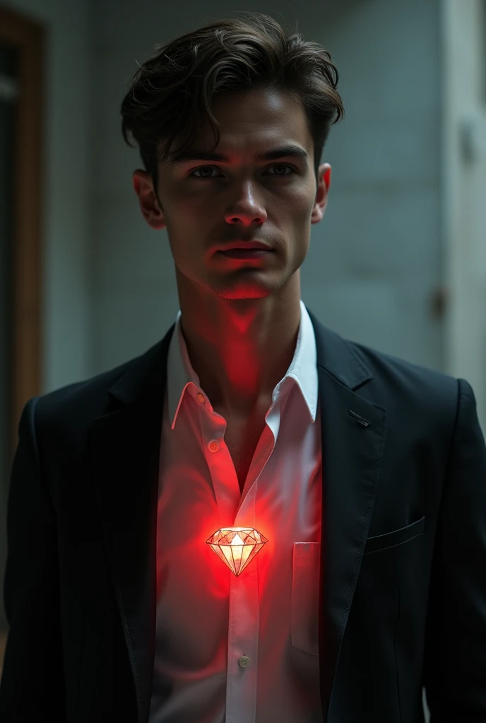 a company boss wearing a suit and shirt, he is handsome and teenage, wearing a shirt he has unbuttoned to exposed his bare chest, in the middle of his chest there is a very small red diamond growing out of his chest and stuck into his chest skin, around hi...