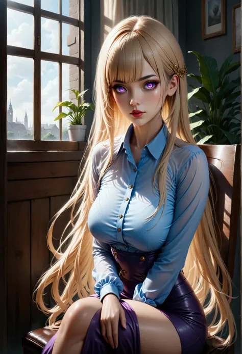 (masterpiece, aesthetic, detailed eyes, realistic), 1girl, mahiru shiina, angel next door spoils me rotten, Long smooth straight golden hair, gradient eyes from golden to purple, large bust, large hips, slim waist, sitting in chair in uniform, super detail...