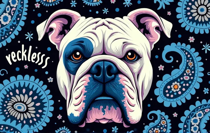 Bulldog head
With mix blue and white paisly pattern. and black and blue gray mix paisley pattern in the background. With a word reckless