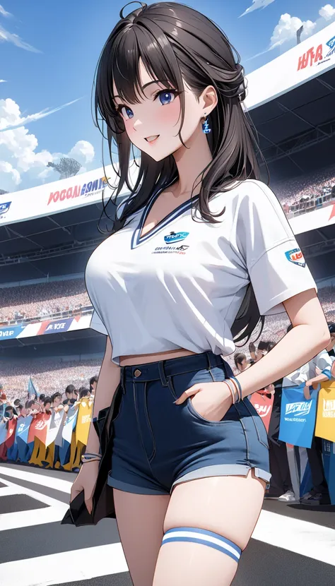   top quality、 Ultra-high precision 、Detailed view、  vibrant colors、Alone、 beautiful girl 、Age 30、A modern racing course 、  racing cars on racing、  asphalt、 blue sky、cloud、  striped bikini  、 V Neck Tee、White Knee Length Tights 、Sponsor logos、Beautiful big...