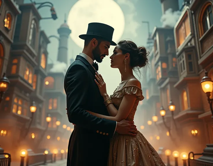 Realistic, theme is "steampunk", three-dimensional city where everything is powered by steam, couple embrace, they are wearing strange clothes that are retro gentlemanly and ladylike but partially decorated with copper metallic decoration, the moon is shin...