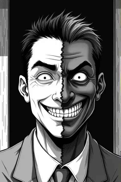 A half face of a man smiling outside 
A violent half-face as soon as he is in his house
Black and white manga 