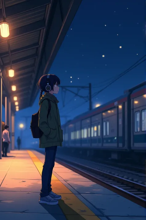 
"An anime-style illustration of a young girl wearing headphones, standing on a dimly lit train station platform at night. She has a thoughtful expression, gazing at the glowing train tracks. The atmosphere is serene yet mysterious, with warm station light...