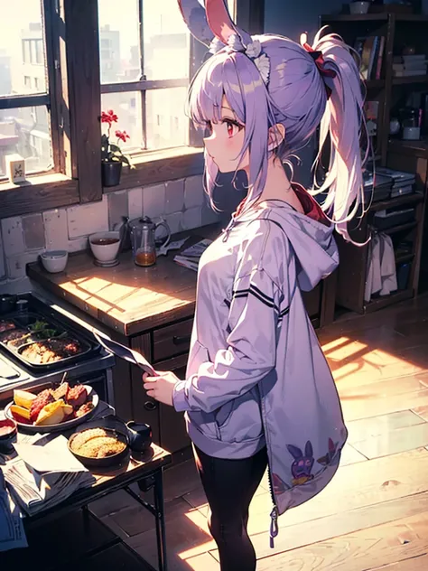  realistic, top quality,  ultra detail,  LONG PONYTAILS ,  THE MOST DELICATE AND BEAUTIFUL , Floating softly,  high definition , ( 1 girl ), ( Max Image,4K,8k,masterpiece:1.2), ( light purple hair:1.5),(Rabbit ears:1.5),(Very long ponytail:1.5),( red eyes:...