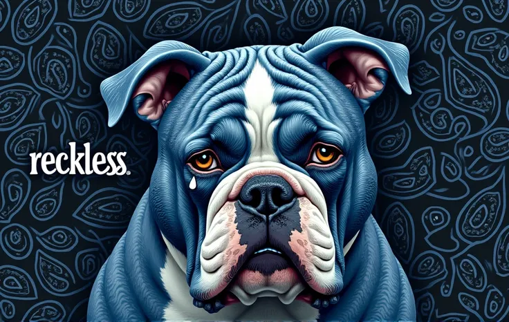 Bulldog head with a tear drop on the eye and 
With mix blue and white paisly pattern on skin . and black and blue gray mix paisley pattern in the background. With a word reckless