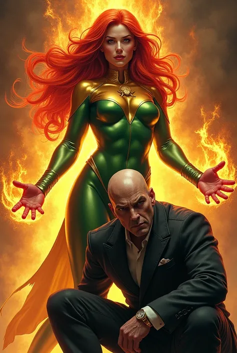 Jean Grey & The Question (Vic Sage), hyper-Realism style, clear details, dappled light and shadow, ultra-realistic, 16K.

Jean Grey is shown in her green and gold outfit, surrounded by fiery psychic energy. Her hands glow as she uses her telekinetic powers...