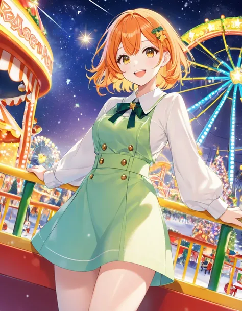  cool adult woman ,  short orange hair and neon yellow eyes、 cute christmas date outfit、amusement park and starry sky background 、  above thigh、 natural smile 