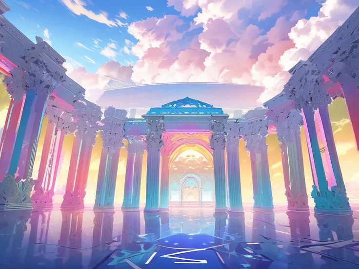 Create a featuring a serene sky filled with fluffy clouds. In the foreground, include majestic Roman/Greek-style pillars. The overall style should be reminiscent of anime, with vibrant colors and dynamic shading. Center the word "ADDEX" in bold, stylish le...