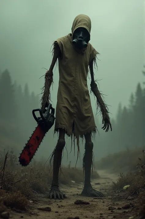 Scarecrow wearing a Gas Mask Holding a bloody chainsaw