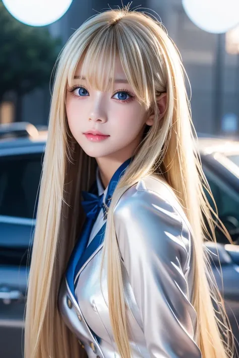  Portraits、uniform、Bright expression、 ponytail、Young shiny white skin、 Very First Innocence 、cute、Great looks、Blonde Light Reflections 、Platinum blonde hair with highlights、 shiny bright hair 、、Smooth、 Super Long Straight Silky Hair 、shiny beautiful bangs ...