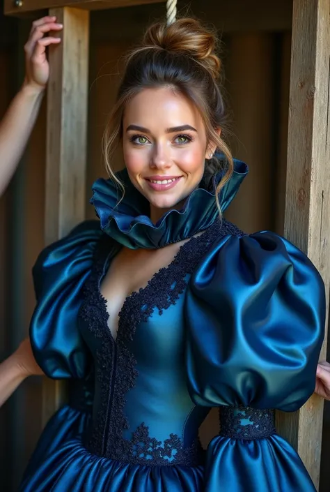 (realistic photograph close up sideways), (a pleased beautiful Caucasian woman with (messy hair bun), she is wearing (an elaborate shiny indigo silk gown with (long gigantic pouf sleeves), (and with an ultra high stand-up collar up to her cheeks)++ (with a...