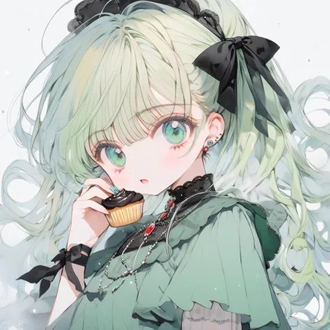  Masterpiece , top quality,Ultra_  Details, high definition , absurd:1.2), 1 girl in uniform, black_ribbOn, blOnde_light blue_hair, green_ dress, green_eye, Powder Snow, bow, brooch, cookie, cupcake,  dress,  dress_bow, _ piercing above spo, rings, Food, f...