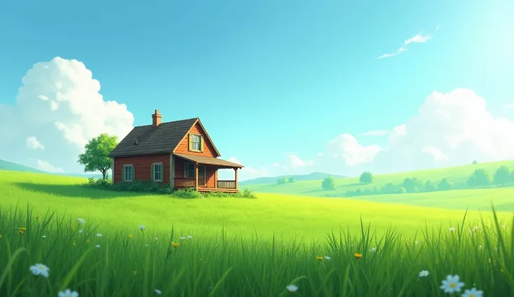 House on one side on grass field