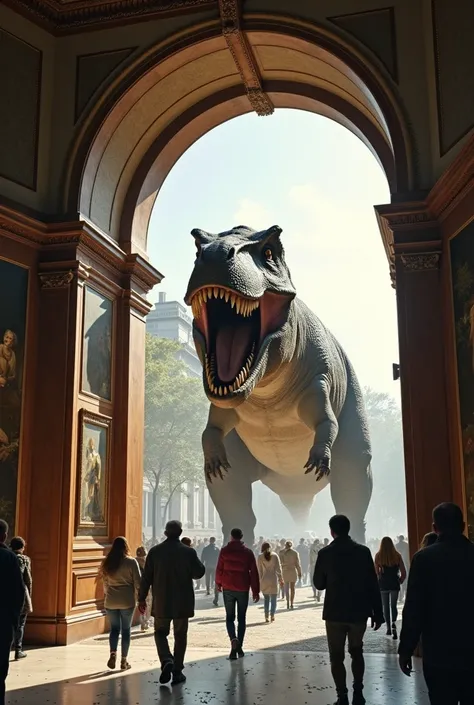 A view of the entire museum。 escaped from the museum and jumped outside and barked。People and cars are running away from the Tyrannosaurus 。The entrance to the museum and the sky are visible 。

The glass is broken and scattered 。
「 the giant dinosaur of th...