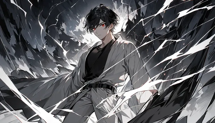   alone,   handsome , 1 person, Short hair, Center Part, Black hair, Black Shirt  , Thai White  ,   Gray Robe  ,  Holds a sword with lightning around, red-eyed, White pants, black belt , Watching People 