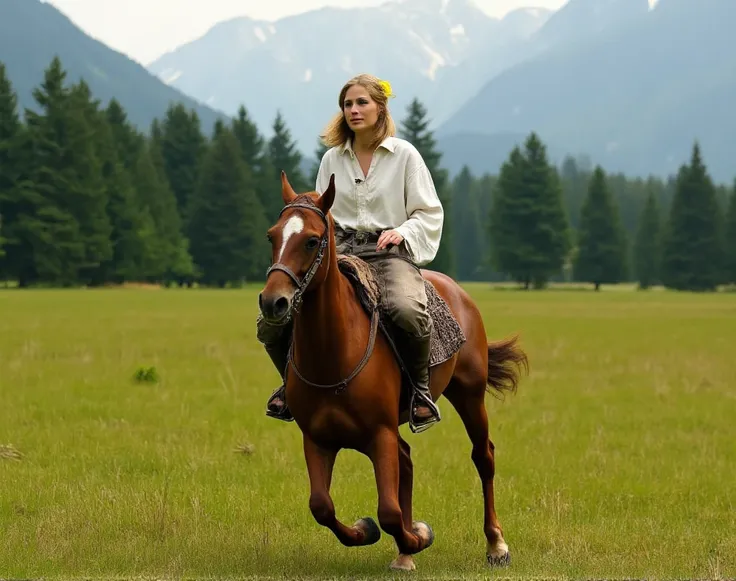  High quality cinematics ,  A sexy viking girl European-faced medieval times , blond,  circular flower decoration on the head ,  slim body is ideal ,  wears a collared white oversize shirt .  chest pocket white shirt , standing collar shirt , ( wears only ...