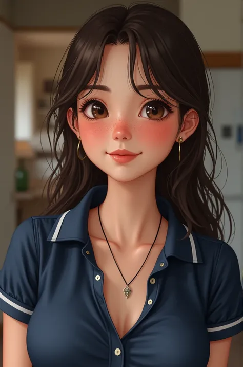 Fille un peut brune joue un peut rose yeux et cheuveux marron clair,A freckle in the cheeks (slightly stretched eyes), petit surpoids , t-shirt polo bleu nuit avec une rayure blanche au bout du colle gros sein exposé 