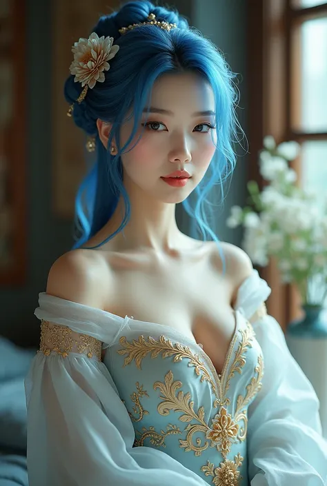 An elegant woman with a Japanese dress, blue hair, white skin, cleavage. She is posing. Her outfit is adorned with gold embroidery. A masterpiece in 8K ultra.