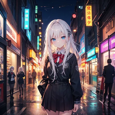 An anime-style scene set in a vibrant nighttime cityscape, viewed from above. Two high school girls are present, wearing cute and stylish school uniforms. One has long, flowing white hair, styled elegantly, while the other has sleek, long black hair. The g...