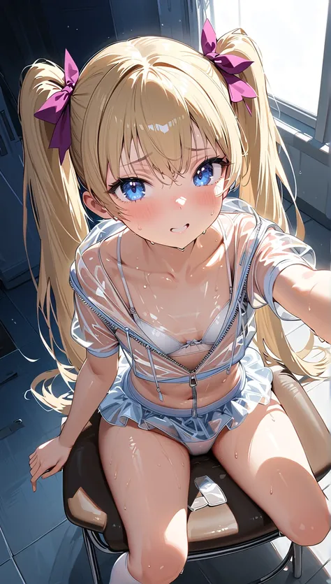 ( Masterpiece,  top quality, Unity, 8k), ( twin tails),  hair ribbon, Beautiful blonde, detailed hair,very long hair, blue eye,輝く瞳,Princess Eye, baby face:1.2, (hoodie with multiple zippers, translucent clear latex hoodie, tutu skirt, The zipper is half do...