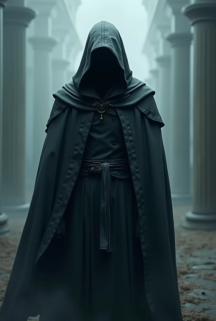 standing in the middle with a hooded cape.