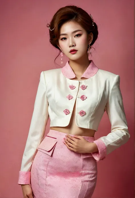 A Korean man in ladies vintage suit dress, he is crossdresser, big breasts like a woman, slender female body, His hairstyle is short and manly, white and pink, long sleeves, cropped jacket, tweed, mermaid dress