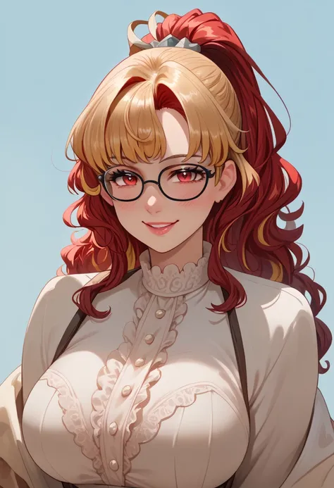 best quality,masterpiece,detailed face,1 girl,solo, High Resolution, Smile, Red Hair, Blonde Highlights, Large breasts, Blush, Smile, Red Eyes, Simple background, glasses, High Ponytail, Wavy Hair, 