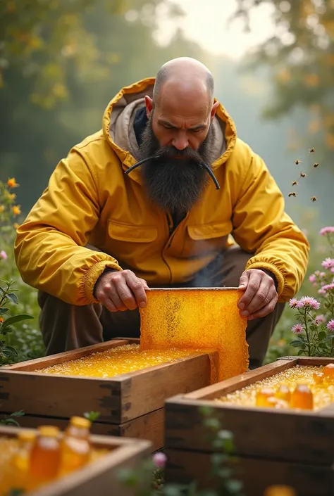 Show me a bald with beard beekeeper in yellow suit doing his work of taking honey from honey farm 