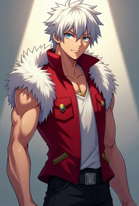  screenshot My Hero Academia 
 young man with short white hair to his shoulders
,blue eyes 
attractive  , handsome,beautiful and muscular dressed in a red vest with fur
Sensual pose 

full body 