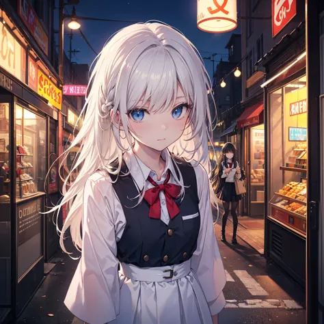 An anime-style scene set in a vibrant nighttime cityscape, viewed from above. Two high school girls are present, wearing cute and stylish school uniforms. One has long, flowing white hair, styled elegantly, while the other has sleek, long black hair. The g...