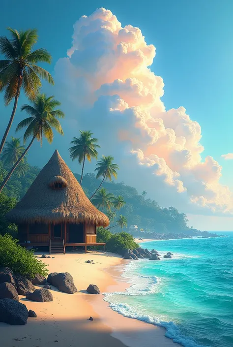 A magical seaside landscape featuring a cozy thatched-roof hut surrounded by lush green trees and tall palm trees. The turquoise ocean sparkles under the sunlight, with gentle waves lapping against a sandy shore. Towering, fluffy clouds fill the sky, glowi...