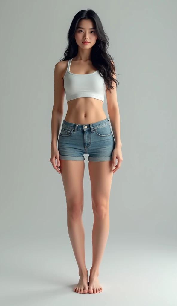 4K 3D rendering of a Thai woman with long hair, wearing short jeans, a white tank top, standing in a full body pose, with a light grey background.