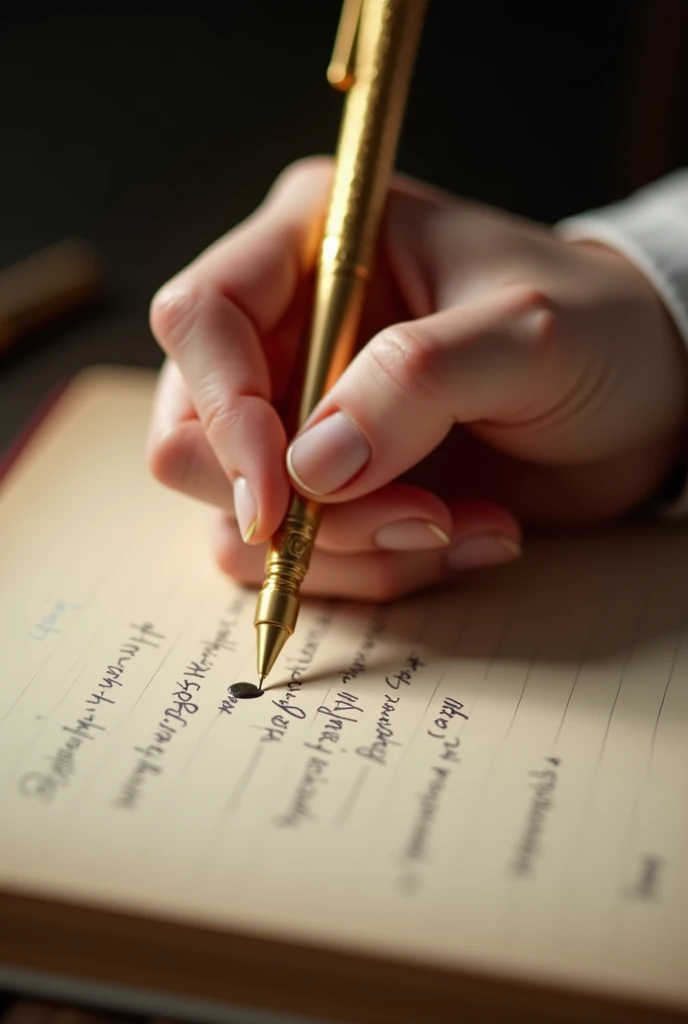 A hand writing on a line by line on a book with a golden pen and the background is blurry