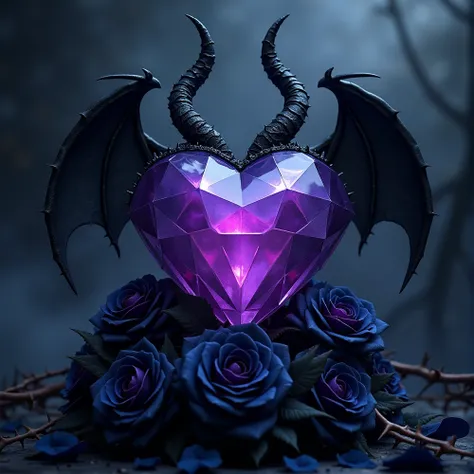  Purple diamond heart with demon horns and black bat wings, In the lower part of the heart that has black and blue roses with thorns , all in the Gothic style .