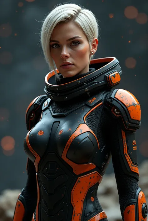 Actor Léa Seydoux wearing the black and orange armor from the game Star Citizen. Hyper realistic. Best lighting